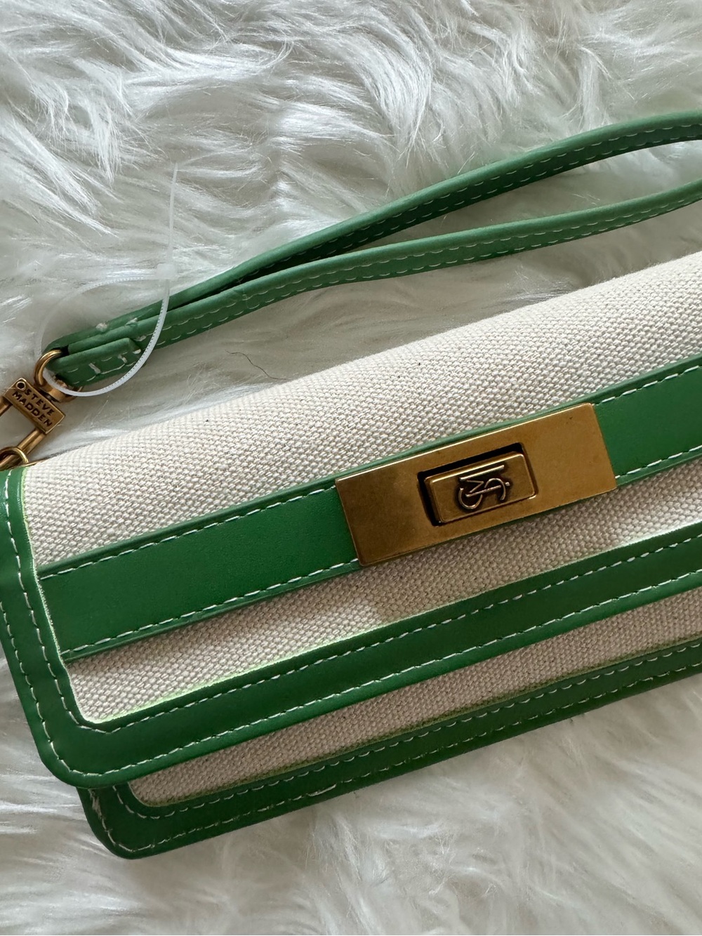 STEVE MADDEN Green & Cream Canvas Clutch